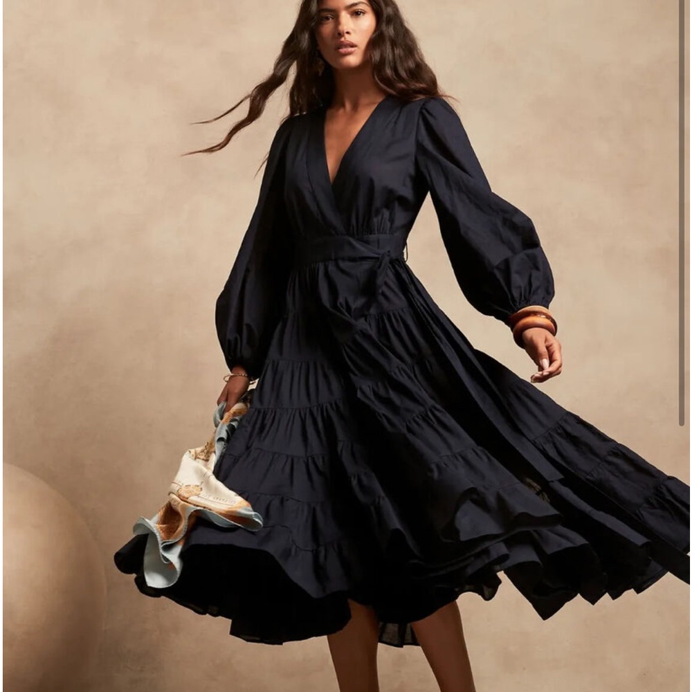 Tiered Wrap Midi Dress in Indigo Cotton, Rare